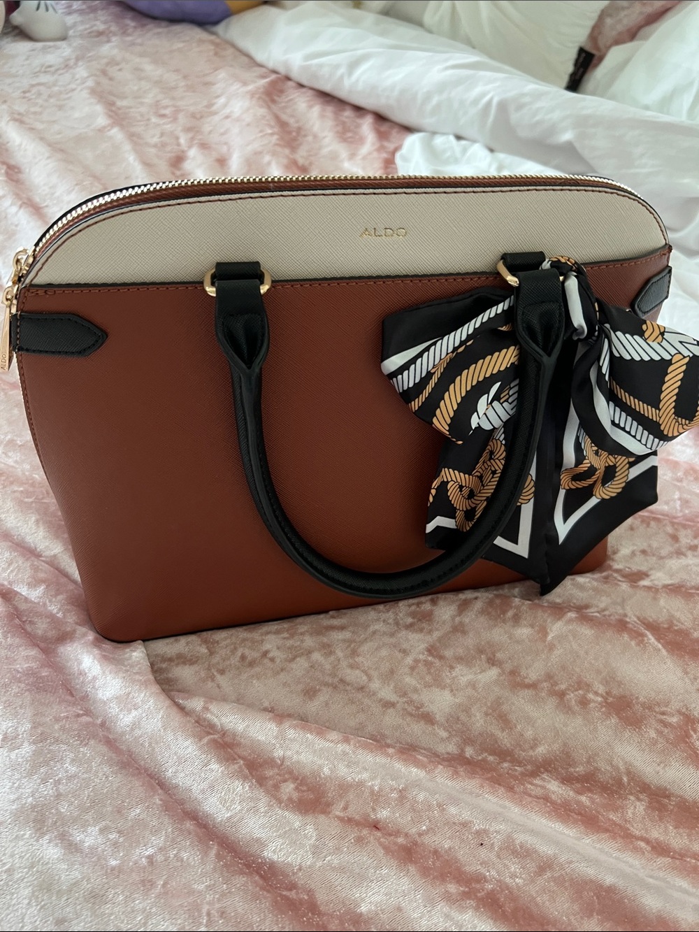 ALDO Brown and Cream Satchel with Black Handles and Scarf Accent